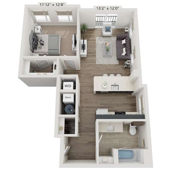 A 3D floor plan of a small apartment with a living room, kitchen, and bathroom.