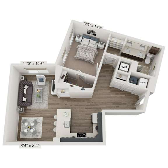 A 110 x 106 inch floor plan of a house with a kitchen, living room, and bathroom.