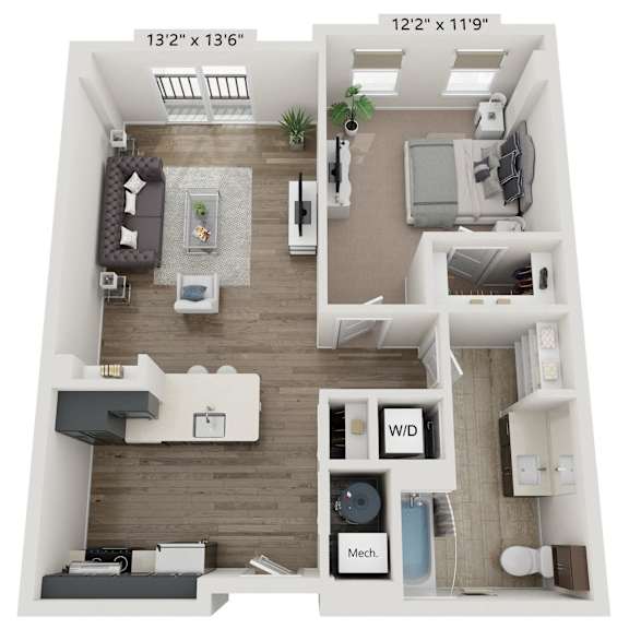 A floor plan of a small apartment with a living room, kitchen, and bathroom.