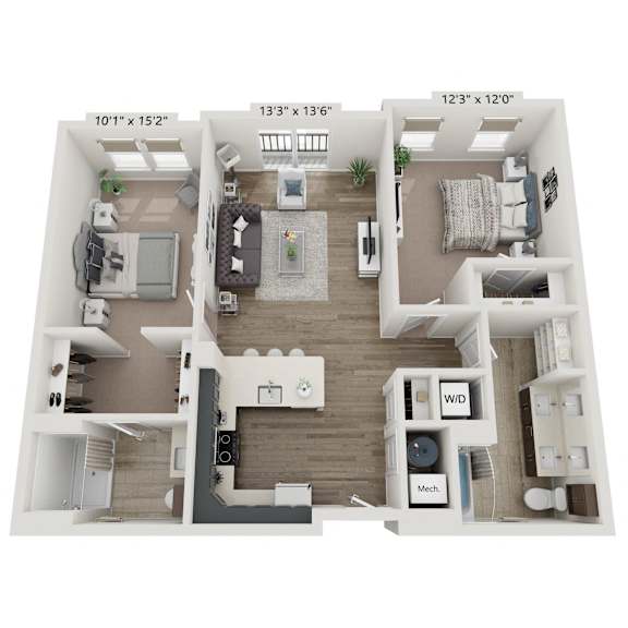 A 3D floor plan of a house with a living room, kitchen, dining room, and two bedrooms.