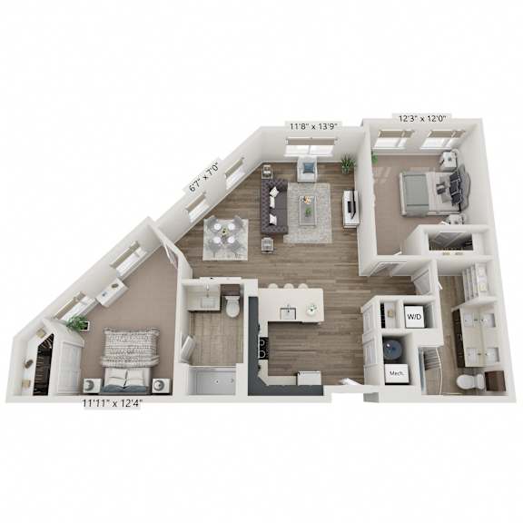A floor plan of a two-bedroom apartment with a living room, kitchen, and bathroom.