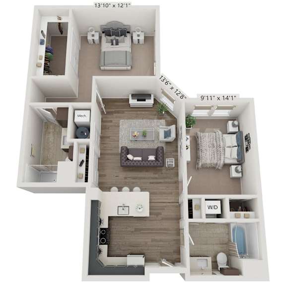 A 3D floor plan of a small apartment with a living room, kitchen, and bedroom.