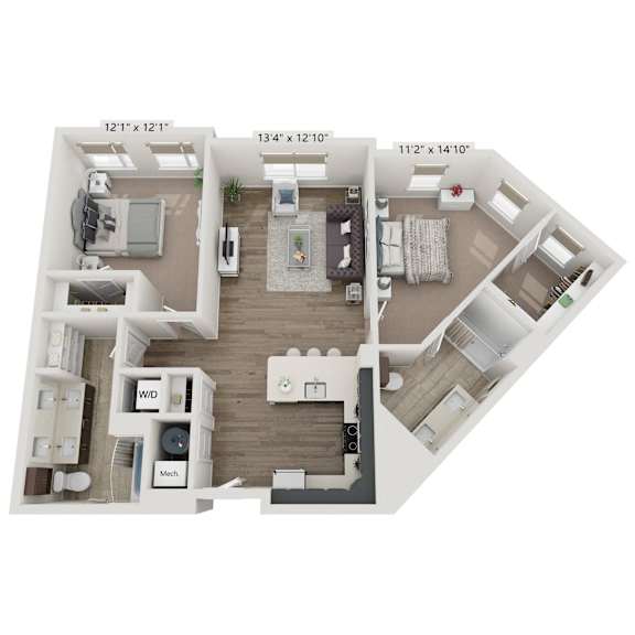 A floor plan of a two-bedroom apartment with a living room, kitchen, and bathroom.