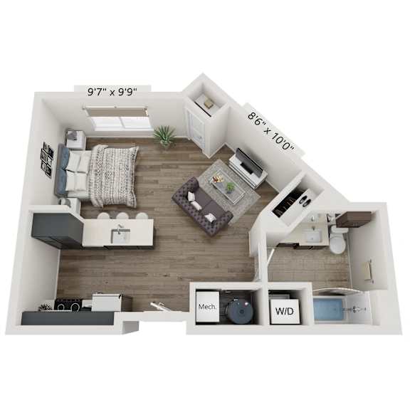 A floor plan of a small apartment with a kitchen, living room, and bathroom.