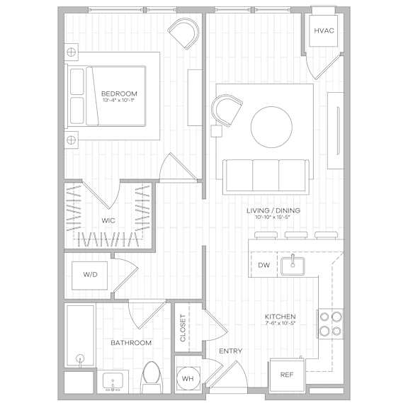 A floor plan of a home with a bedroom, bathroom, kitchen, living room, and a hallway.