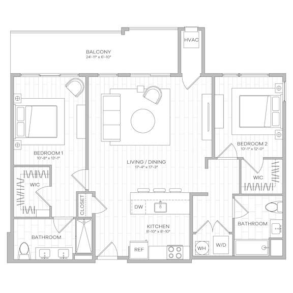 A black and white floor plan of a two-bedroom apartment.
