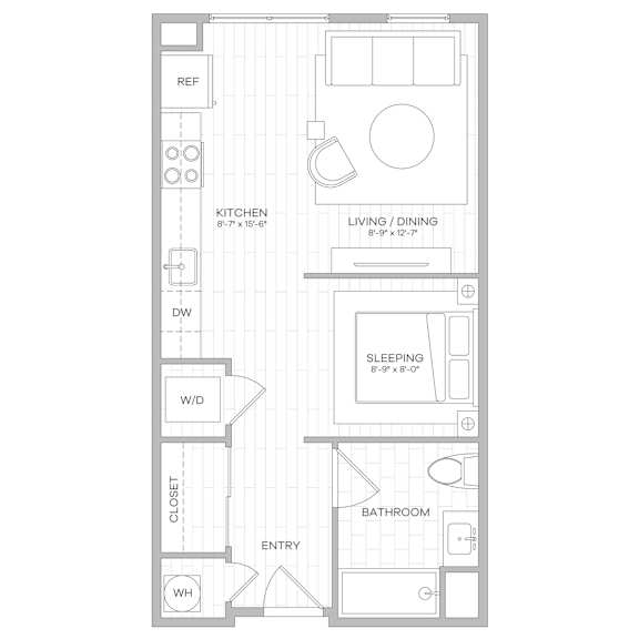 A floor plan of a small apartment with a kitchen, living room, sleeping area, bathroom, and entry.
