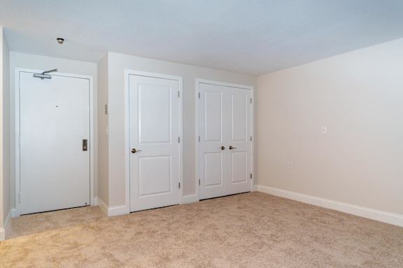 a bedroom with three closets and a carpeted floor