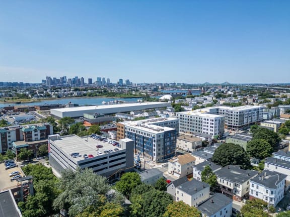 an aerial view of a DUO, Chelsea, and Boston