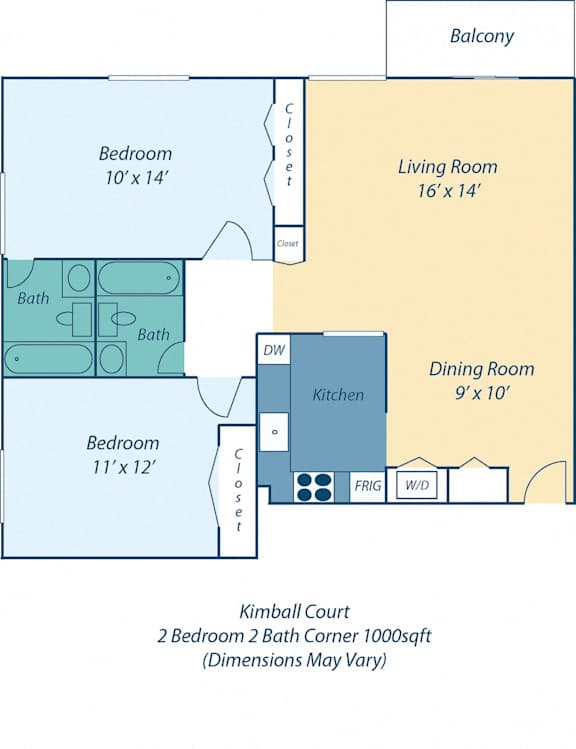 A floor plan of a two bedroom apartment with a living room, dining room, kitchen and bathrooms.