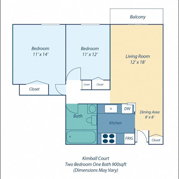 A diagram of a house layout with two bedrooms, a living room, a kitchen, a dining area, a bath, and a closet.