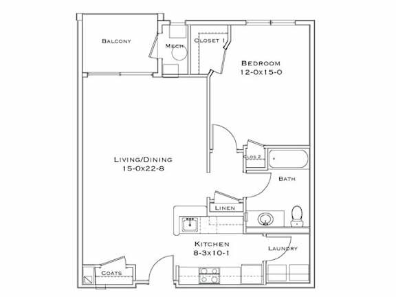 A floor plan of a small apartment with a bedroom, living room, kitchen, and bathroom.
