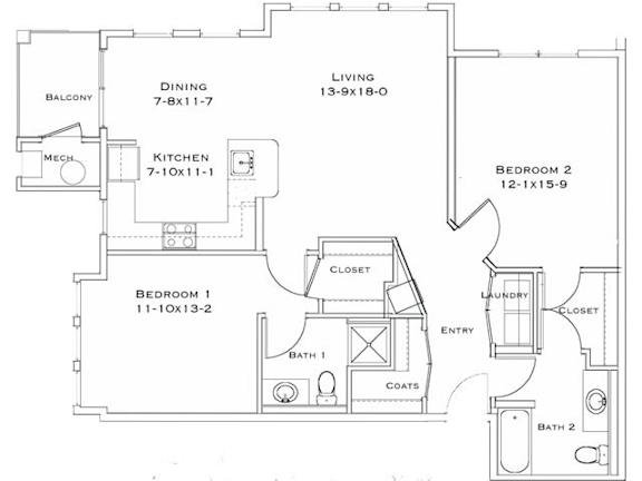 A floor plan of a house with labeled rooms and dimensions.