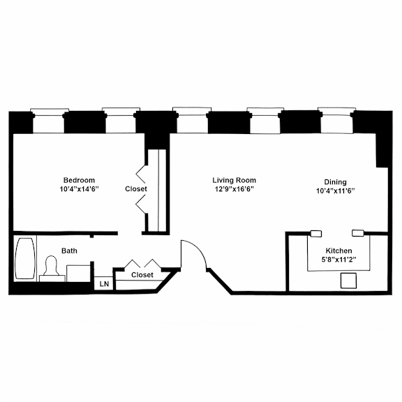 A floor plan of a small apartment with a bedroom, living room, dining room, kitchen, and bathroom.