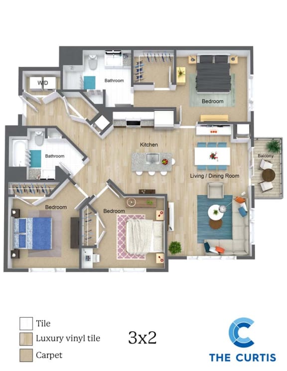 Three bedroom two bathroom floor plan