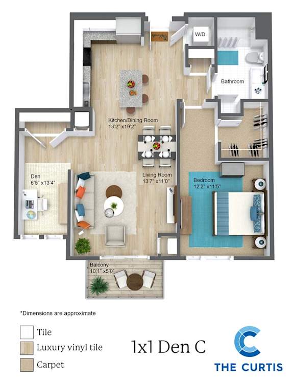 One bedroom one bathroom with den floor plan
