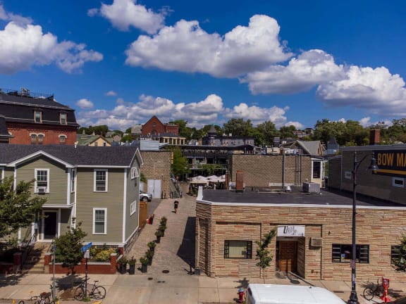 an aerial view of a neighborhood with houses and buildings at Union 346, Somerville, MA