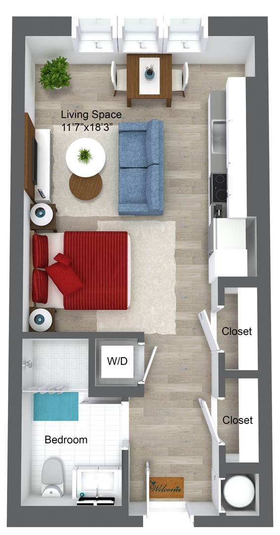 Studio 1 Bath 360 Sq.Ft. Studio Floor Plan 4 at Union 346, Somerville, 02143