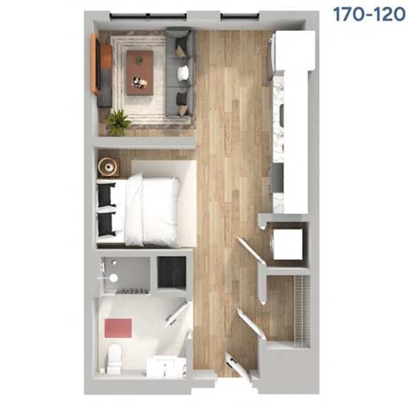 A top down view of a bedroom with a bed, nightstand, and a plant.