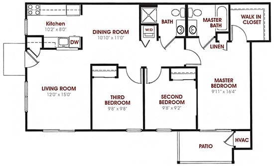 A floor plan of a house with a living room, dining room, kitchen, and three bedrooms.