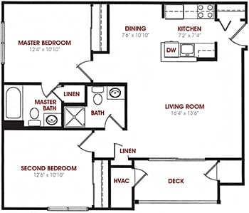 A floor plan of a house with a master bedroom, a second bedroom, a living room, a kitchen, a dining room, a deck, and a laundry area.