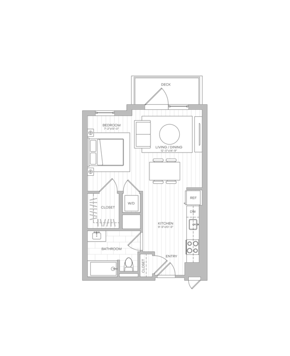 A floor plan of a house with a kitchen, living room, and two bedrooms.