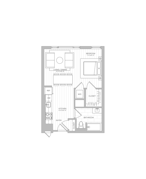 A floor plan of a house with a kitchen, living room, and two bedrooms.