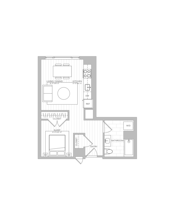 A floor plan of a house with a kitchen, living room, and two bedrooms.