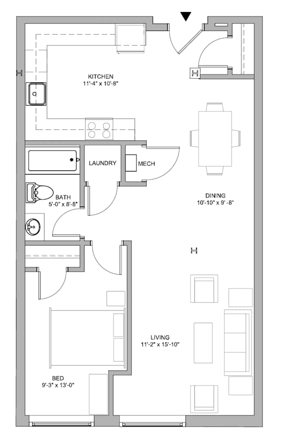 A floor plan of a house with a kitchen, living room, dining room, bathroom, and laundry area.