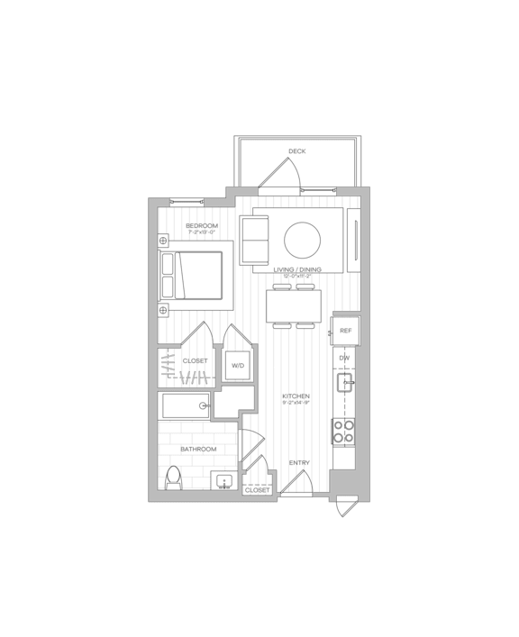 A floor plan of a building with multiple rooms and labeled areas.