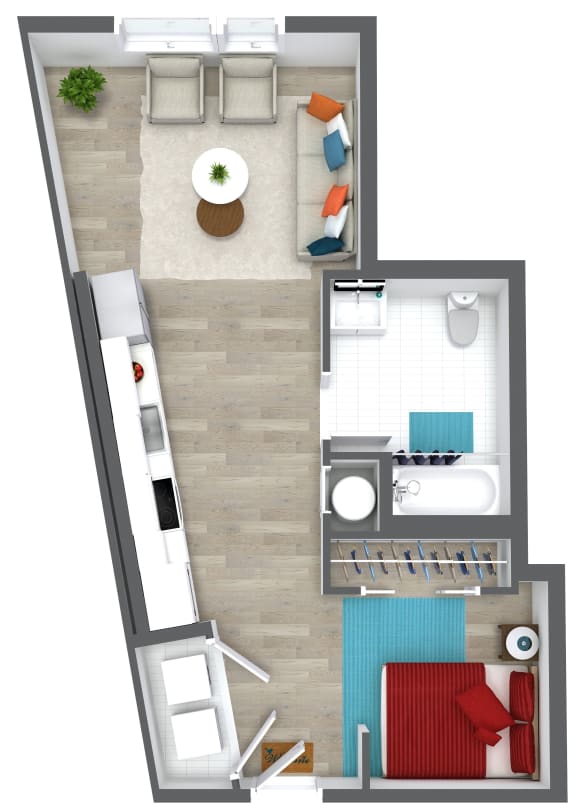 a floor plan of a small apartment with a bedroom and a bathroom