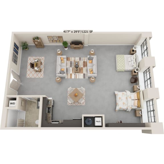 a floor plan of a studio apartment with a bedroom and a living room