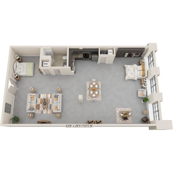 a floor plan of a studio apartment with a bedroom and a living room