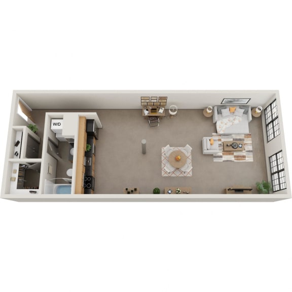 a floor plan of a studio apartment with a bedroom and a living room