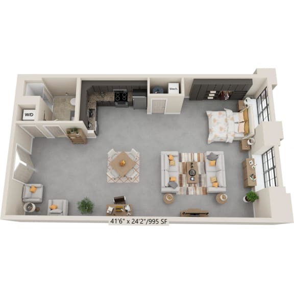 a floor plan of a studio apartment with a bedroom and a living room