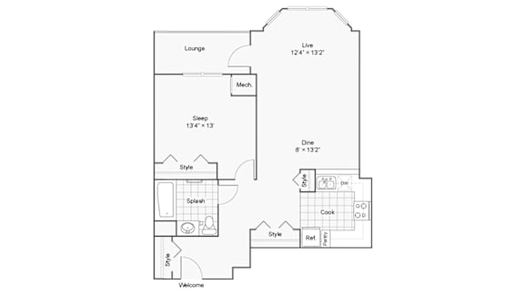 A floor plan of a house with a lounge, bedrooms, a bathroom, a kitchen, and a dining area.