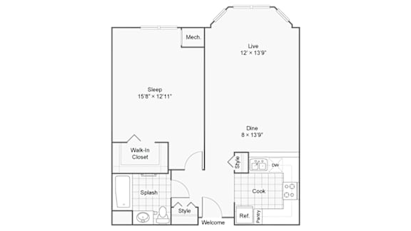 A floor plan of a house with a living room, dining room, kitchen, and bathroom.
