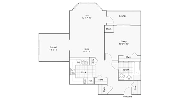 A floor plan of a house with a lounge, dining area, kitchen, and bedrooms.