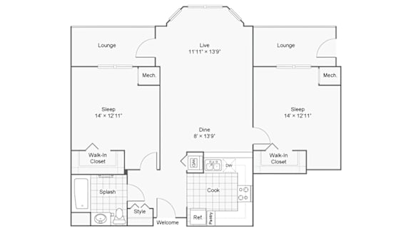 A floor plan of a house with two lounges, two mechs, two sleeping areas, a dining area, a walk-in closet, a splash area, a style area, a ref area, a cook area
