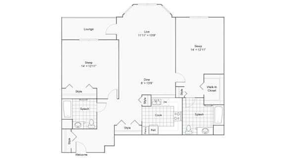 A floor plan of a house with a lounge, sleeping area, kitchen, and bathroom.