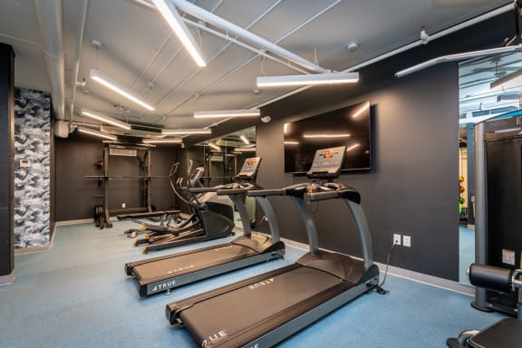 a gym with treadmills and weights on a blue floor