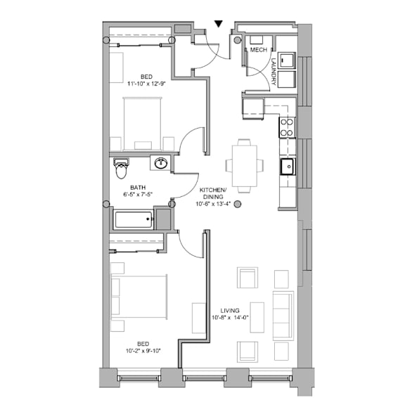 A floor plan of a house with a kitchen, two bathrooms, a living room, and two bedrooms.