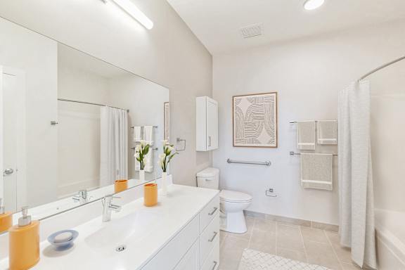 a bathroom with a large mirror and a sink and a toilet