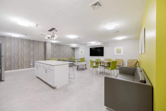 Community Club Room with Kitchen at North Stoughton Village Apartments in Stoughton, MA.