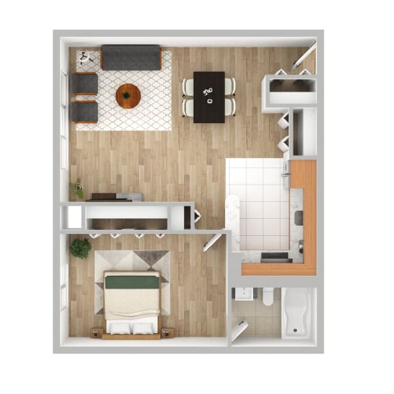 One bedroom one bath floor plan at Highland Plaza Apartments, Pittsburgh