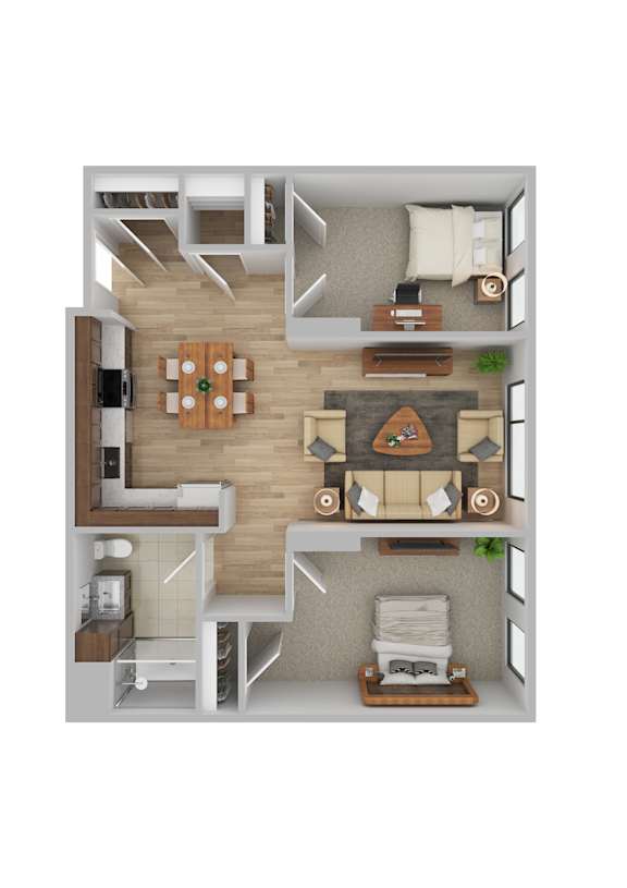 A top-down view of a modern living room with a kitchen area.