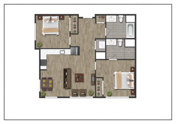 Two Bedroom Two Bathroom Floorplan Layout of North Square At The Mill District, Amherst, MA.