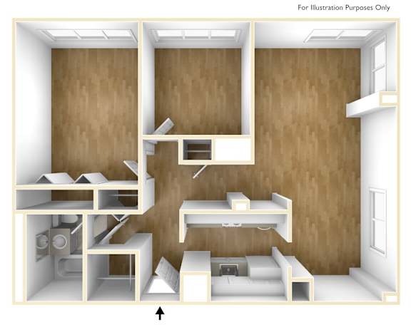 A 3D illustration of a room with furniture.