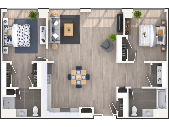 Two Bedroom  Two Bathroom Floor Plan in 3D. at Montgomery Mill Apartments, Connecticut, 06096