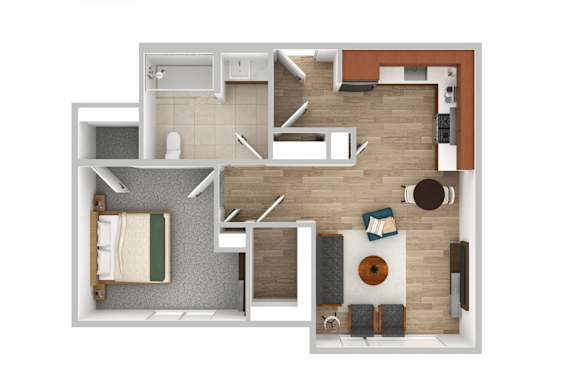 A top down view of a small apartment with a kitchen, living room, and bathroom.